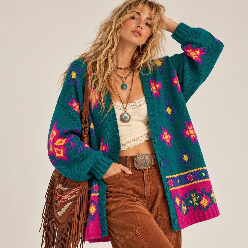 Vintage 90s IZOD Hand Knitted Colorful Geometric Cardigan M Boho Southwest Fall